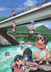  6+girls arm_warmers black_hair black_pantyhose black_socks blonde_hair blue_hair blue_neckerchief blue_sailor_collar blue_skirt blue_sky blunt_bangs bob_cut bridge brown_eyes brown_hair closed_eyes daitou_(kancolle) day double_bun dougi dress eating folded_ponytail food fruit fukae_(kancolle) gloves gradient_hair hair_between_eyes hair_bun hair_ribbon hakama hakama_short_skirt hakama_skirt harukaze_unipo hat hiburi_(kancolle) highres holding_watermelon inagi_(kancolle) inagi_kai_ni_(kancolle) japanese_clothes jumping kantai_collection kasuga_maru_(kancolle) long_hair low_ponytail multicolored_hair multiple_girls neckerchief outdoors panties panties_under_pantyhose pantyhose red_hakama ribbon river sado_(kancolle) sailor_collar sailor_dress sailor_hat school_uniform serafuku shirt short_hair short_ponytail short_sleeves shounan_(kancolle) side_ponytail sidelocks single_arm_warmer skirt sky sleeveless sleeveless_shirt smile socks summer swept_bangs swimming tan translation_request twintails underwear watermelon watermelon_slice wet white_dress white_gloves white_hat white_panties white_ribbon yawata_maru_(kancolle) 