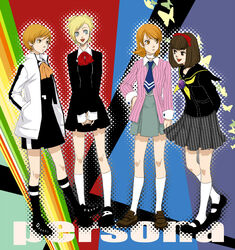  4girls blonde_hair blue_eyes breasts brown_eyes brown_hair closed_mouth cosplay costume_switch crossover gekkoukan_high_school_uniform lisa_silverman lisa_silverman_(cosplay) multiple_girls open_mouth persona persona_1 persona_2 persona_2_tsumi persona_3 persona_4 sangatsu_(threemoon-tei) satonaka_chie satonaka_chie_(cosplay) school_uniform seven_sisters_high_school_uniform short_hair skirt smile sonomura_maki sonomura_maki_(cosplay) st._hermelin_school_uniform takeba_yukari_(cosplay) yasogami_school_uniform yukari_takeba 