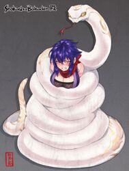  animal blue_hair blush breasts cleavage clenched_teeth commission constriction female forked_tongue giant_snake hair_between_eyes ooshio7734 original oversized_animal red_eyes second-party_source sidelocks skeb_commission snake snake_bondage teeth tongue white_snake 