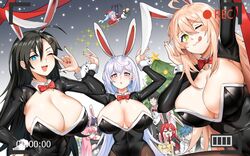  +_+ 2boys 6+girls ahoge animal_ears arms_up bad_id bad_twitter_id black_legwear black_leotard blue_eyes blue_hair blush breasts brown_hair character_request christmas christmas_tree cleavage closed_mouth closers fake_animal_ears fake_tail green_eyes hair_ornament hairclip large_breasts latex leotard lips long_hair long_sleeves looking_at_viewer mirae_(closers) multiple_boys multiple_girls nata_(closers) oerba_yun_fang open_mouth pantyhose parted_lips playboy_bunny rabbit_ears rabbit_tail red_eyes red_nails saru_(monkey_magic3) seth_(closers) shiny_clothes shrug_(clothing) smile soma_(closers) tail tongue tongue_out triangle_mouth wrist_cuffs yuri_seo 