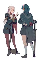  2girls arm_behind_back axe black_gloves blue_hair blush byleth_(female)_(fire_emblem) byleth_(fire_emblem) cape carnation closed_eyes commentary edelgard_von_hresvelg fire_emblem fire_emblem:_three_houses flower frown garreg_mach_monastery_uniform gloves grey_hair hairband high-waist_shorts highres holding holding_flower index_finger_raised long_hair medium_hair multiple_girls official_alternate_costume pantyhose pantyhose_under_shorts planted planted_axe radiostarkiller red_carnation red_flower red_pantyhose shorts skirt socks sword symbol-only_commentary weapon white_gloves wooden_sword yuri 