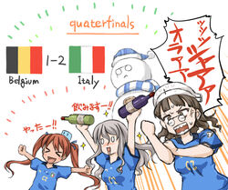  &gt;_&lt; alcohol alternate_costume anger_vein belgian_flag blush bottle bras_d&#039;honneur breasts brown_hair euro_2020 flag grey_hair hair_between_eyes hair_ribbon hat headdress holding holding_bottle italian_flag kantai_collection libeccio_(kancolle) long_hair multiple_girls open_mouth pince-nez pola_(kancolle) ribbon roma_(kancolle) scarf shirt short_hair short_sleeves simple_background soccer sparkle sportswear suda_(yuunagi_enikki) sweat the_roma-like_snowman translated twintails typo white_background 