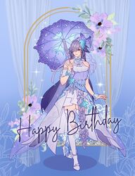  asymmetrical_legwear bare_shoulders bird_hair_ornament black_hair blue_eyes blue_thighhighs closed_mouth commentary crossed_legs dress english_commentary eulyin_huan female floral_background flower flower_umbrella fu_hua fu_hua_(azure_empyrea) hair_ornament hair_over_one_eye happy_birthday high_heels highres holding holding_umbrella honkai_(series) honkai_impact_3rd long_hair mismatched_legwear purple_flower purple_umbrella shoes smile solo thighhighs umbrella very_long_hair white_dress white_footwear white_thighhighs 