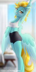  1:2 anthro blue_body blue_feathers blush breasts clothed clothing digital_media_(artwork) equid equine feathered_wings feathers female friendship_is_magic fur hair hasbro horse lightning_dust_(mlp) looking_at_viewer mammal multicolored_hair my_little_pony mythological_creature mythological_equine mythology navel patreon pegasus pony shad0w-galaxy solo stretching text url wings 