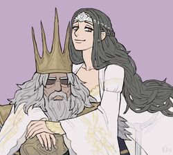  beard black_hair braid brown_eyes closed_mouth commentary crown dark_souls_(series) dark_souls_i dress emlan english_commentary facial_hair father_and_daughter filianore_(dark_souls) french_braid grey_hair gwyn_lord_of_sunlight long_sleeves looking_at_viewer old old_man pink_background shaded_face simple_background smile white_dress wide_sleeves 