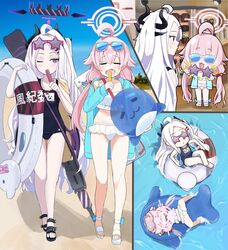  2girls ahoge beach bikini blue-tinted_eyewear blue_archive blue_footwear blue_jacket blue_one-piece_swimsuit day demon_horns demon_wings duck_innertube eating eyewear_on_head fangs food food_in_mouth frilled_bikini frills glasses gun hair_bobbles hair_ornament hairclip halo highres hina_(blue_archive) hina_(swimsuit)_(blue_archive) holding holding_food horns hoshino_(blue_archive) hoshino_(swimsuit)_(blue_archive) ice_cream indoors inflatable_toy inflatable_whale innertube jacket keke_(user_djyu7823) long_hair low_twintails low_wings lying machine_gun mg42 multiple_girls multiple_horns name_tag ocean official_alternate_costume old_school_swimsuit on_stomach one-piece_swimsuit open_mouth outdoors parted_bangs pink_hair popsicle purple_eyes purple_wings sandals school_swimsuit summer sunglasses sweat swim_ring swimsuit tinted_eyewear twintails very_long_hair weapon whistle whistle_around_neck white-framed_eyewear white_bikini white_hair wings 