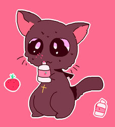  :3 anthro bandidou big_eyes black_body black_fur chibi cross domestic_cat felid feline felis food fruit fur ketchup liquid male mammal nyanpire nyanpire_(character) plant slightly_chubby strawberry vampire whiskers wings 