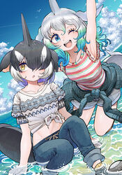  2girls :o absurdres alternate_costume aqua_hair arm_up armpits arms_at_sides bird black_hair blowhole blue_eyes blue_skirt cetacean_tail commentary_request common_bottlenose_dolphin_(kemono_friends) denim dolphin_girl dorsal_fin eyelashes fins fish_tail fisheye frills green_hair grey_hair hair_between_eyes hair_over_one_eye head_fins highres jeans kanmoku-san kemono_friends long_bangs long_hair looking_at_viewer medium_hair midriff multicolored_hair multiple_girls navel ocean one_eye_closed open_mouth orca_(kemono_friends) outdoors outstretched_arms pants parted_lips purple_hair seagull shirt shoes short-sleeved_sweater short_shorts short_sleeves shorts sitting skirt sleeveless sleeveless_shirt smile spread_arms stomach sweater tail tied_sweater water white_hair yellow_eyes 