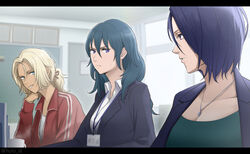  3girls alternate_costume asymmetrical_hair blazer blonde_hair blue_eyes blue_hair breasts byleth_(female)_(fire_emblem) byleth_(fire_emblem) catherine_(fire_emblem) chalkboard cleavage collared_shirt cup door fire_emblem fire_emblem:_three_houses furo_atsushi gym_teacher hair_between_eyes highres id_card jacket jewelry lanyard long_hair looking_at_another low_tied_hair medium_hair multiple_girls necklace purple_eyes purple_hair shamir_nevrand shirt short_hair smile sweatdrop teacher track_jacket white_shirt window 