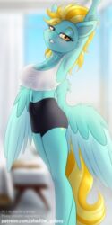  1:2 anthro big_breasts blue_body blue_feathers blush breasts clothed clothing digital_media_(artwork) equid equine feathered_wings feathers female friendship_is_magic fur hair hasbro horse lightning_dust_(mlp) looking_at_viewer mammal multicolored_hair my_little_pony mythological_creature mythological_equine mythology navel patreon pegasus pony shad0w-galaxy solo stretching text url wings 