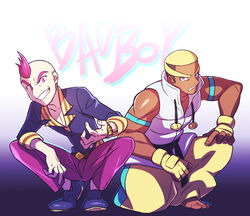  2boys barefoot blonde_hair brown_hair clenched_teeth collarbone commentary_request dark-skinned_male dark_skin fingerless_gloves frown gloves hand_on_own_knee highres male_focus marshal_(pokemon) momoji_(lobolobo2010) multicolored_hair multiple_boys pants parted_lips pokemon pokemon_bw pokemon_oras purple_pants shoes short_hair sidney_(pokemon) smile squatting teeth toes two-tone_hair watch wristwatch yellow_gloves yellow_pants 