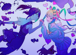  2girls ame-chan_(needy_girl_overdose) blue_hair bow broken_heart candy chouzetsusaikawa_tenshi-chan dual_persona english_commentary feline floating flower food gradient_hair hairbow heart highres holding_hands huminsho interlocked_fingers looking_at_another medium_hair multicolored_hair multiple_girls multiple_hair_bows muted_color needy_girl_overdose one_eye_closed open_mouth pien_cat_(needy_girl_overdose) pink_hair pleated_skirt quad_tails sailor_collar school_uniform serafuku skirt smile suspender_skirt suspenders twintails withered 