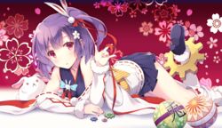  \m/ ball bare_shoulders blush braid commentary female flower frown hair_flower hair_ornament itoichi. looking_at_viewer one_side_up pleated_skirt prismplus purple_hair rabbit red_eyes ribbon short_hair side_ponytail skirt solo temari_ball tenjin_kotone virtual_youtuber white_flower 