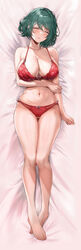  ass_visible_through_thighs blush bow bow_bra bow_panties bra breasts cleavage closed_eyes collarbone dakimakura_(medium) dead_or_alive dead_or_alive_xtreme dot_nose female full_body green_hair highres large_breasts mole mole_under_eye navel open_mouth panties patterned_clothing red_bra red_panties short_hair sleeping solo swept_bangs t3x tamaki_(doa) underwear underwear_only 