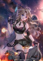  :d ahoge assault_rifle bare_shoulders belt black_gloves black_legwear blue_eyes breasts brown_hair cleavage coat coat_removed crop_top detached_collar female finger_on_trigger fingerless_gloves glint gloves green_shorts gun h&amp;k_mp5k hand_up highleg highres holding holding_gun holding_weapon large_breasts leg_belt long_hair looking_at_viewer midriff navel necktie open_mouth original rifle short_necktie short_shorts shorts single_thighhigh smile solo sparks stomach submachine_gun thighhighs v-shaped_eyebrows vest weapon weapon_on_back wing_collar yue_xiao_e 