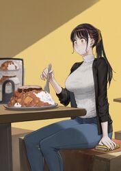  black_hair black_jacket blue_pants blush breasts cellphone closed_mouth commentary curry curry_rice denim eating eyelashes female food glutton hair_ornament hair_pulled_back hair_ribbon hairclip highres holding holding_spoon indoors jacket jeans jun_(navigavi) large_breasts long_hair long_sleeves making-of_available meat open_clothes open_jacket orange_eyes original pants phone ponytail ribbed_sweater ribbon rice sitting smartphone solo spoon sweater table turtleneck turtleneck_sweater white_sweater wide-eyed yellow_background 