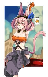  animal_ears arm_up armpits baggy_pants bandages blush breasts cleavage cloud cloudy_sky commentary_request crop_top crossed_legs duel_monster female ferret_ears ferret_girl gloves goggles goggles_on_head hair_between_eyes highres hip_vent kitt_(yu-gi-oh!) large_breasts looking_at_viewer md5_mismatch mountainous_horizon navel one_eye_closed pants pink_hair rinnytanart shiny_skin sitting sky slit_pupils speech_bubble star_(symbol) stretching tail tri-brigade_kitt twintails underboob yellow_eyes yu-gi-oh! 