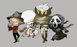  3boys a_nightmare_on_elm_street bag_over_head bandages black_gloves burn_scar chibi claw_(weapon) commentary_request dead_by_daylight female floating freddy_krueger ghostface gloves grin hat hood hooded_coat knife long_sleeves mask multiple_boys newo_(shinra-p) running scar scream_(movie) smile standing the_nurse_(dead_by_daylight) the_wraith_(dead_by_daylight) weapon yellow_eyes 