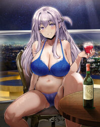  alcohol balcony bare_shoulders blue_bra blue_panties blush bottle bra braid breasts chair city cityscape cleavage collarbone commentary commission commissioner_upload crescent crescent_hair_ornament cup cupping_glass dot_nose drinking_glass elise_k._bradwell_(narrator-1) female floating_hair french_braid hair_ornament hairpin highres holding holding_cup lace lace_bra lace_panties large_breasts light_purple_hair lingerie long_hair looking_at_viewer navel night night_sky on_chair original panties purple_eyes red_wine side_ahoge sidelocks sitting sky solo star_(sky) starry_sky stomach straight_hair swept_bangs t3x table underwear underwear_only wine wine_bottle wine_glass wooden_table 