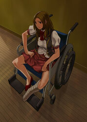  back_street_girls:_gokudolls bandaged_leg bandages breasts brown_eyes brown_hair cast check_commentary closed_mouth commentary_request female indoors leg_cast lips long_hair looking_to_the_side photoshop_(medium) pleated_skirt puffy_sleeves red_footwear red_neckwear red_skirt sakamoto_kengo shirt sitting skirt solo wheelchair white_shirt wooden_floor yamamoto_airi 