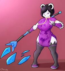  2023 anthro bear black_hair black_nose breasts chowdie clothed clothing female freedom_planet fur galaxytrail giant_panda hair hi_res ice legwear mammal melee_weapon neera_li purple_eyes solo staff thigh_highs topwear weapon white_body white_fur 