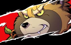  canid canine eye_scar facial_scar glare grin gyobu_(tas) john_vithor leaf lifewonders male mammal raccoon_dog scar slightly_chubby smile takeuchiart tanuki tokyo_afterschool_summoners 