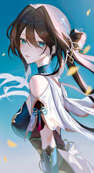  absurdres aqua_collar aqua_dress aqua_gloves bare_shoulders bead_necklace beads breasts brown_hair clothing_cutout commentary_request dress female flower from_side gloves green_eyes hair_between_eyes hair_bun hair_intakes hair_ornament highres honkai:_star_rail honkai_(series) jewelry large_breasts layered_dress long_hair looking_at_viewer multicolored_hair necklace parted_lips ruan_mei_(honkai:_star_rail) see-through_dress_layer shoulder_cutout single_hair_bun solo streaked_hair tokita_mago upper_body white_flower 