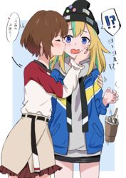  !? 2girls absurdres black_beanie black_skirt blonde_hair blue_background blue_eyes blue_jacket blush border brown_hair brown_skirt closed_eyes commentary_request cup disposable_cup drinking_straw dropping green_hair grey_hoodie highres hood hood_down hoodie hoshina_(78737696) jacket kissing kissing_cheek kouzuki_mahiru long_hair long_sleeves multicolored_hair multiple_girls open_clothes open_jacket open_mouth outside_border partial_commentary short_hair sidelocks skirt streaked_hair surprised sweater sweater_tucked_in translation_request white_border white_sweater yamanouchi_kano yoru_no_kurage_wa_oyogenai yuri 