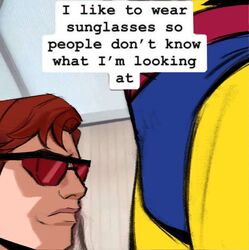  2boys bodysuit bulge cyclops_(x-men) english_text expressionless head-mounted_display i_really_like_wearing_sunglasses_(meme) image_macro_(meme) looking_at_crotch male_focus marvel meme multiple_boys short_hair three_quarter_view wolverine_(x-men) x-men yakichou yaoi 