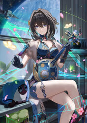  3others absurdres aqua_collar aqua_dress aqua_gloves aqua_shorts bare_legs bare_shoulders bead_necklace beads black_hair blue_eyes breasts cherry_blossoms cleavage clothing_cutout commentary_request critter_pick_(honkai:_star_rail) crossed_legs dna dress earrings feet_out_of_frame female flower gloves hair_bun hair_flower hair_ornament highres holding holding_instrument honkai:_star_rail honkai_(series) indoors instrument isome jewelry layered_dress long_hair looking_to_the_side medium_breasts multicolored_hair multiple_others necklace pink_petals planet ruan ruan_mei_(honkai:_star_rail) shorts shoulder_cutout single_hair_bun sitting smile space_station streaked_hair thigh_strap 