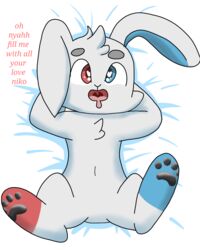  4:5 ahe_gao anatomically_inaccurate anatomically_inaccurate_pawpads anthro bed bed_sheet bedding cotton_(nikoransfw) english_text feet feral foot_fetish furniture hi_res lagomorph leporid looking_pleasured lying lying_on_bed male mammal nikoransfw on_bed pawpads rabbit smile solo text 