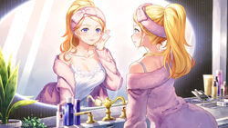  bare_shoulders blonde_hair breasts cleavage collarbone commentary_request copyright_notice dress end_card faucet female forehead fujima_takuya highres highspeed_etoile hood hood_down hooded_jacket indoors jacket medium_breasts mirror multiple_views official_art pink_jacket plant ponytail potted_plant purple_eyes reflection sleeveless sleeveless_dress sophia_b_tokitou swept_bangs white_dress 