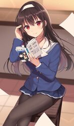  bad_id bad_twitter_id black_hair black_pantyhose blue_skirt book bookmark commentary_request crossed_legs female hairband highres izumo_neru kasumigaoka_utaha long_hair looking_at_viewer novel_(object) pantyhose reading red_eyes saenai_heroine_no_sodatekata sitting skirt solo thighband_pantyhose white_hairband 