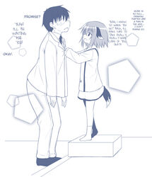  1boy age_difference animal_ears bending_forward blush coat dog_ears dog_tail dressing faceless faceless_male female hard_translated height_difference jacket kasodani_kyouko kazawa_(tonzura-d) monochrome necktie short_hair skirt slacks socks standing_on_object tail tears touhou translated 