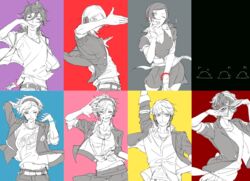  2girls 5boys a_(xxxnulll) amamiya_ren amano_maya arm_up bad_id bad_twitter_id bracelet crossover glasses headphones jewelry multicolored_background multiple_boys multiple_girls narukami_yuu persona persona_1 persona_2 persona_2_tsumi persona_3 persona_3:_dancing_moon_night persona_4 persona_4:_dancing_all_night persona_5 persona_5:_dancing_star_night persona_dancing shiomi_kotone smile suou_tatsuya toudou_naoya yuuki_makoto_(persona_3) 