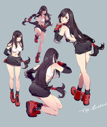  arms_behind_back ass belt bent_over black_skirt breasts character_name commentary_request crop_top earrings elbow_gloves elbow_pads female final_fantasy final_fantasy_vii fingerless_gloves full_body gloves jewelry kneeling large_breasts leg_up long_hair looking_at_viewer looking_back low-tied_long_hair midriff miniskirt multiple_views navel photoshop_(medium) red_footwear running shirt shoes simple_background skirt smile standing suspender_skirt suspenders tank_top taut_clothes taut_shirt tifa_lockhart yufy 