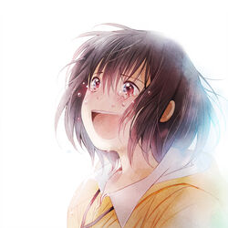  brown_hair commentary_request crying crying_with_eyes_open female hana_(ookami_kodomo) happy_tears highres ookami_kodomo_no_ame_to_yuki portrait short_hair simple_background smile solo tears white_background yuu_(plasm) 