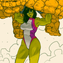  1boy animification arms_up bad_deviantart_id bad_id ben_grimm biceps breasts carrying carrying_overhead colored_skin commentary cromwaits dress english_commentary fantastic_four female green_eyes green_skin jennifer_walters large_breasts long_hair looking_at_viewer marvel muscular muscular_female she-hulk sleeveless sleeveless_dress standing strong superhero_costume thighs thing_(marvel) 