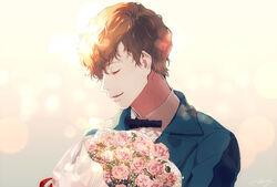  1boy artist_name bouquet bow bowtie brown_hair closed_eyes commentary_request fantastic_beasts_and_where_to_find_them flower freckles kurosujuu leaf male_focus newt_scamander open_mouth photoshop_(medium) short_hair solo wizarding_world 