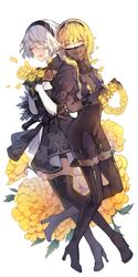  2b_(nier:automata) 2girls black_dress black_footwear black_gloves black_hairband blonde_hair bodysuit boots breasts cleavage cleavage_cutout closed_eyes clothing_cutout commentary_request dress feather-trimmed_sleeves floral_background flower flower_wreath full_body gloves hair_over_one_eye hairband head_wreath high_heels highres holding holding_flower juliet_sleeves long_hair long_sleeves marigold medium_breasts mole mole_under_mouth multiple_girls nahonanaho nier:automata nier_(series) no_blindfold open_mouth operator_6o own_hands_together parted_lips petals puffy_sleeves short_hair simple_background smile thigh_boots thighhighs thighhighs_under_boots unworn_blindfold veil white_background white_hair yellow_flower zettai_ryouiki zipper 