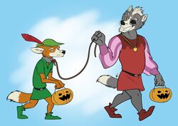  amonomega anthro canid canine canis clothed clothing cosplay crossover dipstick_tail disney duo food fox fox_mccloud fruit fully_clothed hi_res leash male mammal markings nintendo plant pumpkin robin_hood robin_hood_(disney) sheriff sheriff_of_nottingham star_fox tail tail_markings wolf wolf_o&#039;donnell 