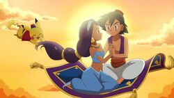  1boy abu_(aladdin) abu_(aladdin)_(cosplay) abu_(cosplay) aladdin aladdin_(character) aladdin_(character)_(cosplay) aladdin_(cosplay) aladdin_(disney) black_hair carpet cloud clouds collarbone couple crossover disney earings earrings female hairband hand_holding happy hat hips iris_(pokemon) jewelry kneeling knees kurumierika legs long_hair magic_carpet midriff navel nintendo parody pikachu pokemon pokemon_(anime) princess_jasmine_(cosplay) purple_hair satoshi_(pokemon) shoes small_breasts smile sunset wide_hips young younger 