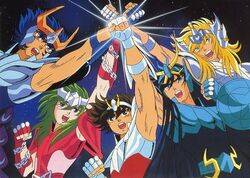  5boys 80s andromeda_shun araki_shingo armor cygnus_hyouga dragon_shiryuu himeno_michi kurumada_masami multiple_boys oldschool pegasus_seiya phoenix_ikki saint_seiya 