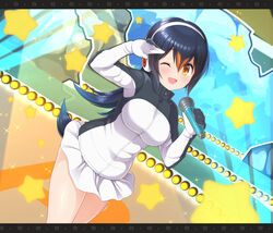  ;d black_hair black_jacket commentary dutch_angle female gentoo_penguin_(kemono_friends) headphones highres holding holding_microphone jacket kemono_friends letterboxed long_hair long_sleeves looking_at_viewer microphone microskirt multicolored_hair one_eye_closed open_mouth orange_eyes orange_hair salute skirt smile solo sparkle spotlight standing star_(symbol) watayoshi_(suiiho) white_skirt 