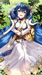  ahoge binding_shield blue_coat blue_eyes blue_hair blurry blurry_foreground breasts cluseller coat collarbone commentary_request crossed_bangs cursive day dress english_text falchion_(fire_emblem) female fire_emblem fire_emblem_awakening from_above grass halter_dress halterneck highres holding holding_sword holding_weapon light_blush long_sleeves medium_breasts morgan_(female)_(fire_emblem) morgan_(fire_emblem) open_mouth outdoors qr_code sample_watermark shadow shield short_hair solo sword watermark weapon 