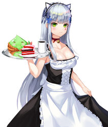  &gt;:( alternate_costume apron bad_id bad_pixiv_id bell black_dress blue_hair blunt_bangs blush breasts buckle cake cake_slice cleavage closed_mouth collar collarbone creature cup dress eating enmaided facial_mark fall_(aki) female food food_print frilled_apron frills girls&#039;_frontline green_eyes grey_hair hk416_(girls&#039;_frontline) jingle_bell long_hair looking_at_viewer maid maid_apron medium_breasts mug neck_bell sidelocks simple_background skirt_hold solo steam straight_hair strawberry_print v-shaped_eyebrows very_long_hair waist_apron white_apron white_background 