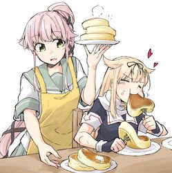  2girls black_ribbon black_serafuku blonde_hair butter closed_eyes eating food fork green_eyes grey_sailor_collar hair_flaps hair_ornament hair_ribbon hairclip heart holding holding_fork holding_plate kantai_collection long_hair multiple_girls open_mouth pancake pancake_stack pink_hair plate ponytail ribbon rindou_(rindou_annon) sailor_collar scarf school_uniform serafuku shirt short_sleeves simple_background smile very_long_hair white_background white_sailor_collar white_scarf white_shirt yura_(kancolle) yuudachi_(kancolle) yuudachi_kai_ni_(kancolle) 