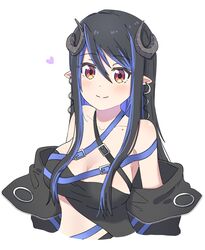  bandeau belt black_bandeau black_belt black_hair black_jacket blue_belt blue_hair blush breasts brown_eyes chest_belt closed_mouth collarbone commentary_request curled_horns demon_girl demon_horns female grey_horns hair_between_eyes heart hebiyoi_tier hebiyoi_tier_(1st_costume) highres horns ikacho_(_ika_cho) jacket large_breasts long_hair long_sleeves looking_at_viewer mole mole_on_collarbone multicolored_hair nanashi_inc. off_shoulder open_clothes open_jacket pointy_ears sidelocks simple_background smile solo sugar_lyric two-tone_hair upper_body virtual_youtuber white_background 