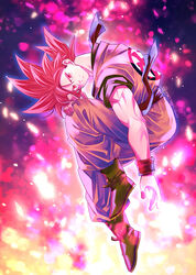  1boy blue_sash boots closed_mouth dougi dragon_ball dragon_ball_super fire floating full_body looking_at_viewer male_focus mattari_illust red_eyes red_hair sash smile solo son_goku super_saiyan super_saiyan_god 