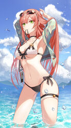  armpits arms_up ass_visible_through_thighs bad_id bad_pixiv_id beach bikini bird black_bikini black_bow blue_sky bow breasts choker cleavage cloud collarbone commentary day eyewear_on_head fall_(aki) female frilled_bikini frills front-tie_bikini_top front-tie_top girls&#039;_frontline glasses green_eyes hands_up long_hair long_sleeves looking_at_viewer medium_breasts mismatched_bikini mountainous_horizon ocean official_alternate_costume open_clothes orange_hair outdoors r93_(girls&#039;_frontline) r93_(holiday_lucky_star)_(girls&#039;_frontline) red_hair side-tie_bikini_bottom sky smile solo sparkle standing sunglasses swimsuit thigh_strap underboob very_long_hair wading water water_drop white_bikini 